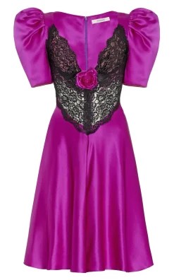 Purple Silk Short Sleeve Mini Dress With Lace Detail