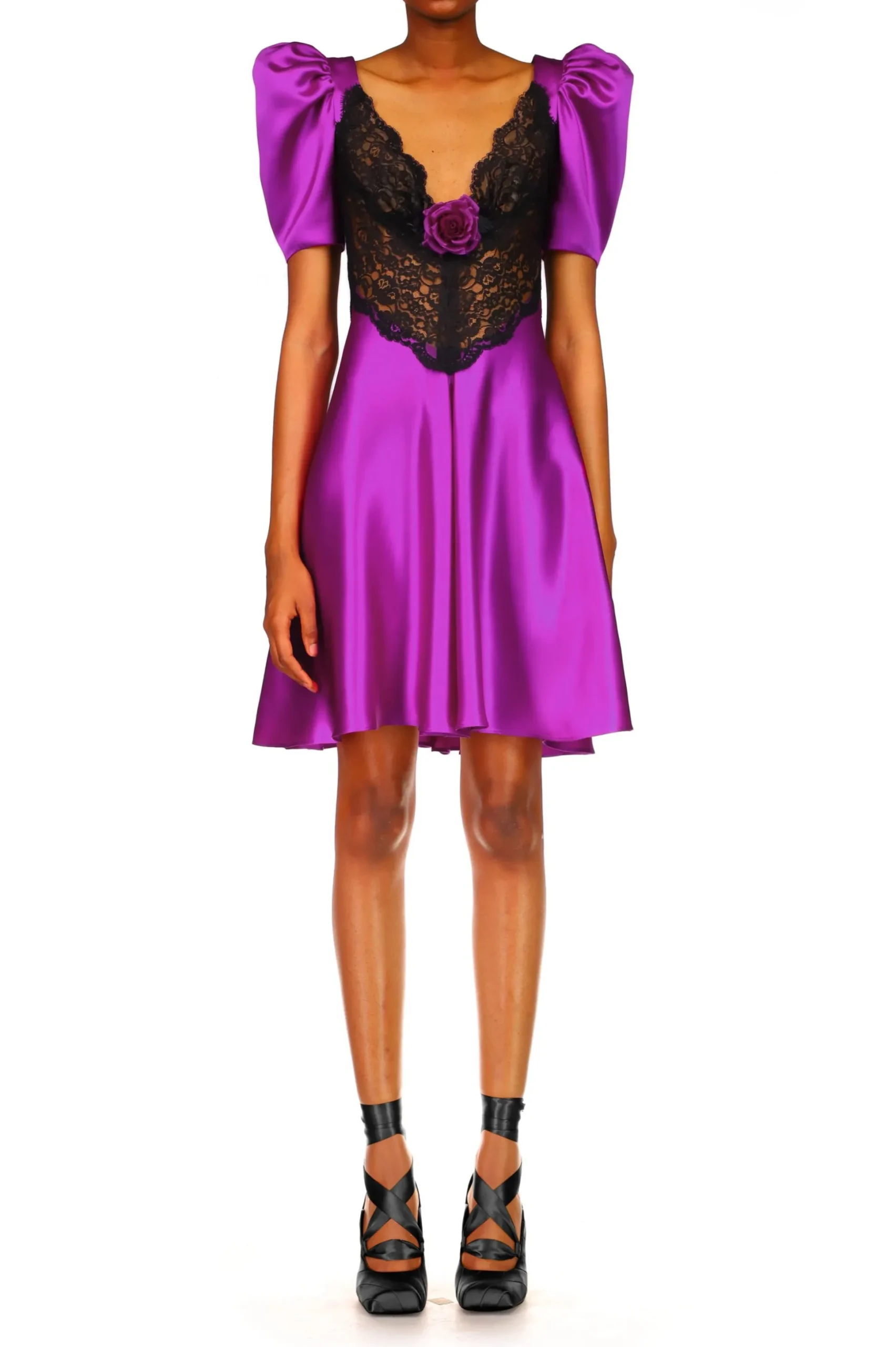 Purple Silk Short Sleeve Mini Dress With Lace Detail