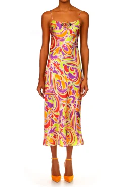 Red And Orange Multicolor Printed Midi Length Slip Dress