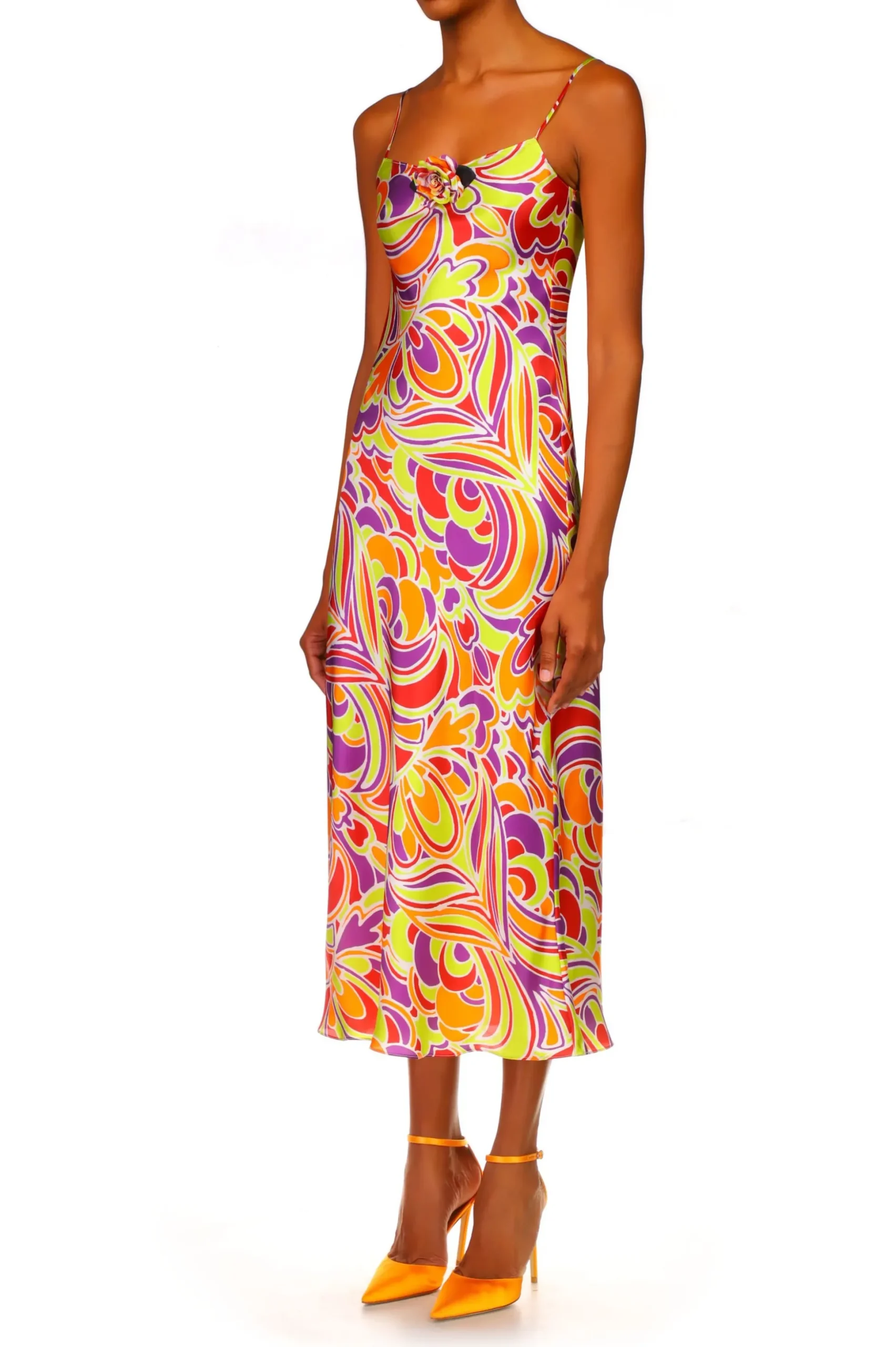 Red And Orange Multicolor Printed Midi Length Slip Dress
