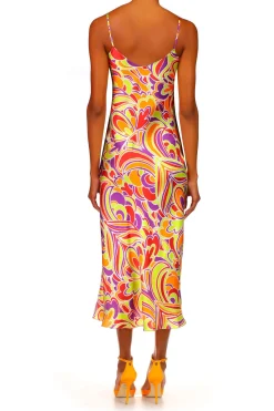 Red And Orange Multicolor Printed Midi Length Slip Dress
