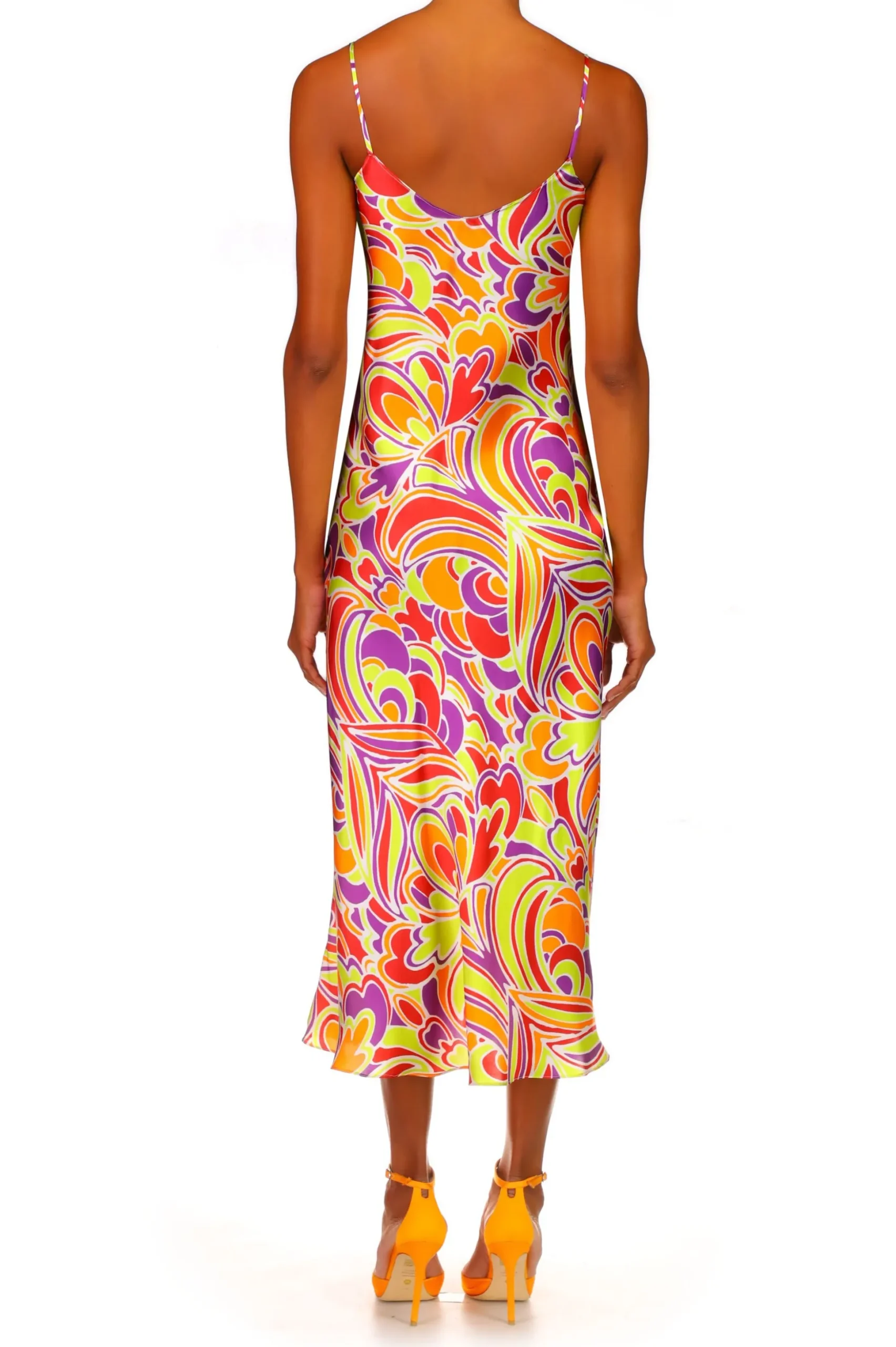 Red And Orange Multicolor Printed Midi Length Slip Dress