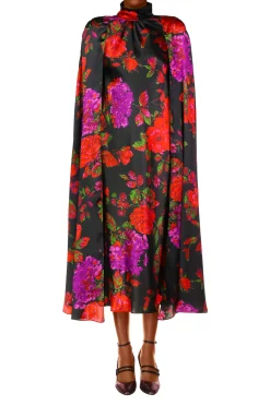 Red And Purple Floral Silk Satin Cape Dress