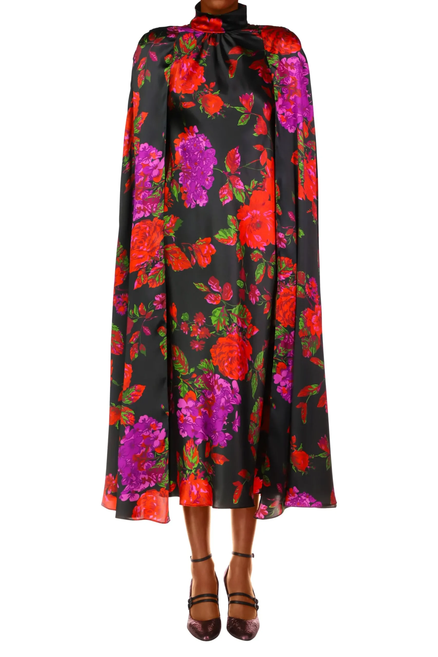Red And Purple Floral Silk Satin Cape Dress