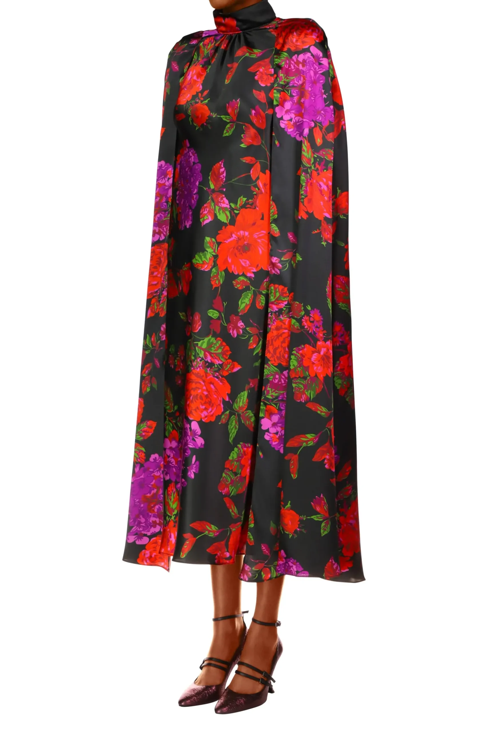Red And Purple Floral Silk Satin Cape Dress