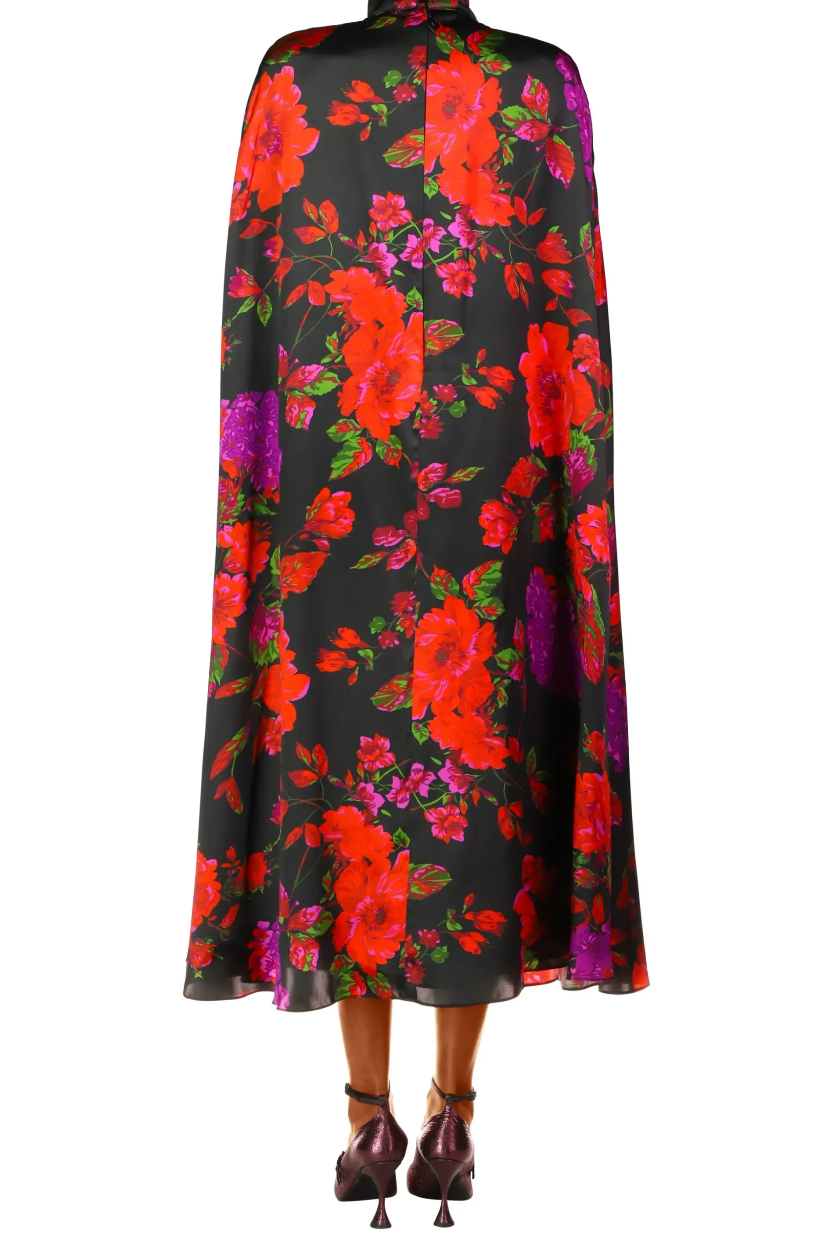 Red And Purple Floral Silk Satin Cape Dress