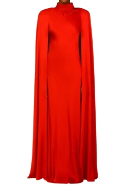Red Silk Satin Cape Gown