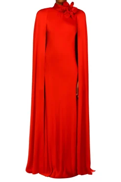 Red Silk Satin Cape Gown With Flower Pin