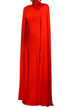 Red Silk Satin Cape Gown With Flower Pin