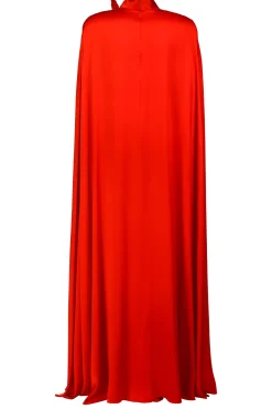 Red Silk Satin Cape Gown With Flower Pin