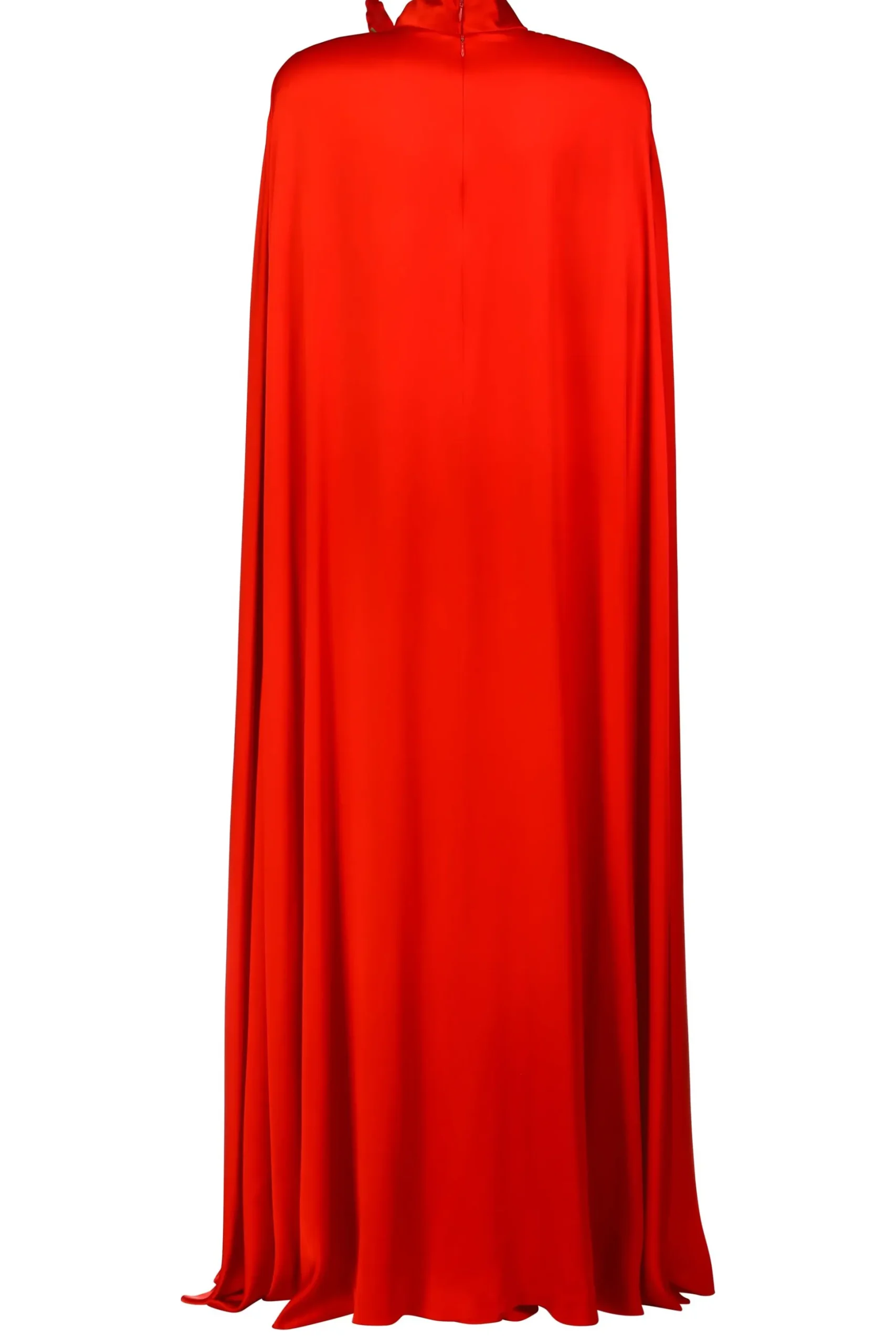 Red Silk Satin Cape Gown With Flower Pin