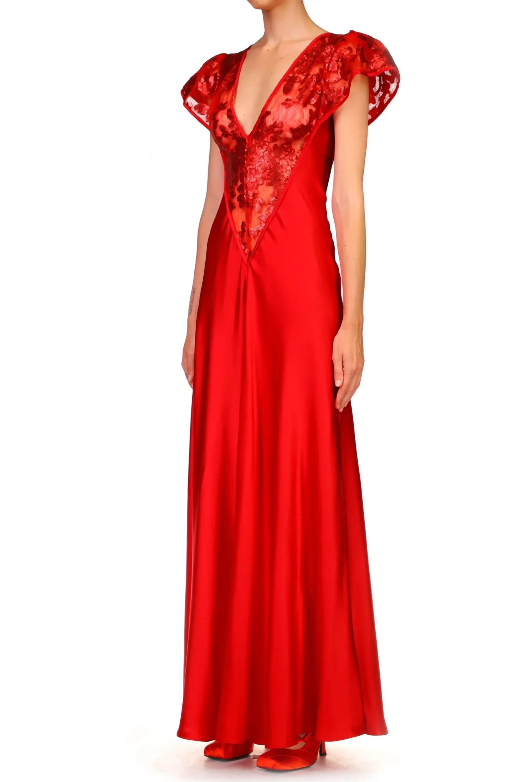 Red Silk Satin Gown With Sequin Detail