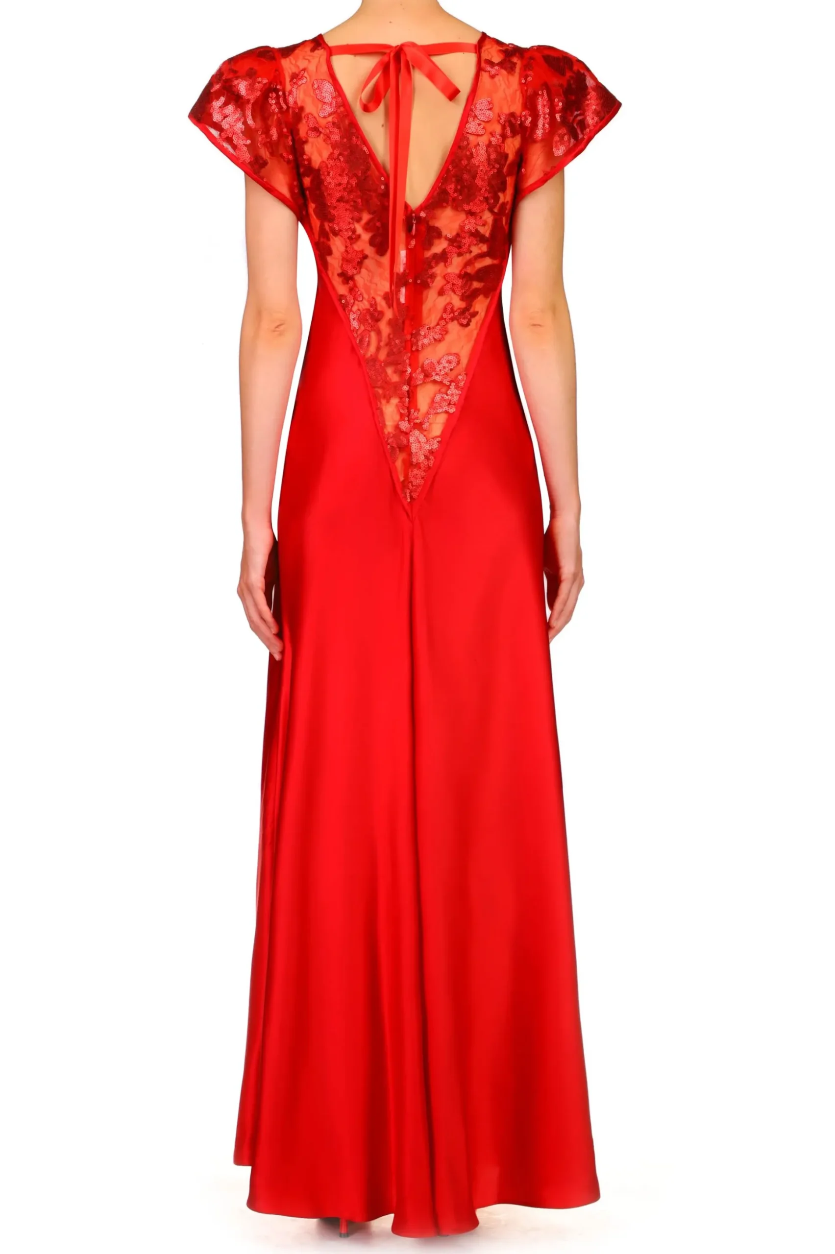 Red Silk Satin Gown With Sequin Detail