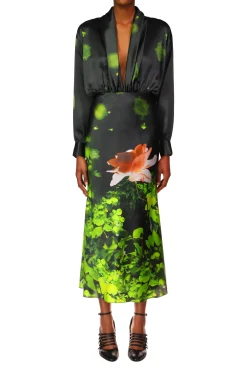 Rose Printed Satin Bias Dress With Shawl Collar