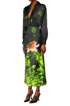 Rose Printed Satin Bias Dress With Shawl Collar
