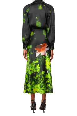 Rose Printed Satin Bias Dress With Shawl Collar