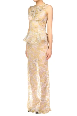 Silver And Gold Daisy Lace Gown With Hand Beaded Details