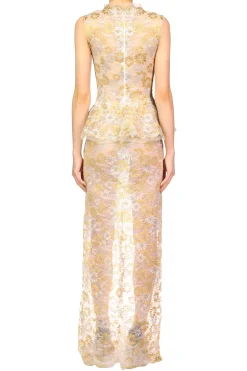 Silver And Gold Daisy Lace Gown With Hand Beaded Details