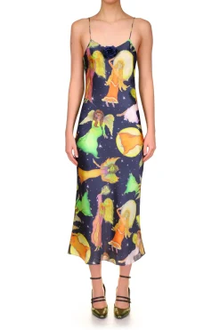 Starry Sky And Fairy Printed Silk Satin Bias Slip Dress