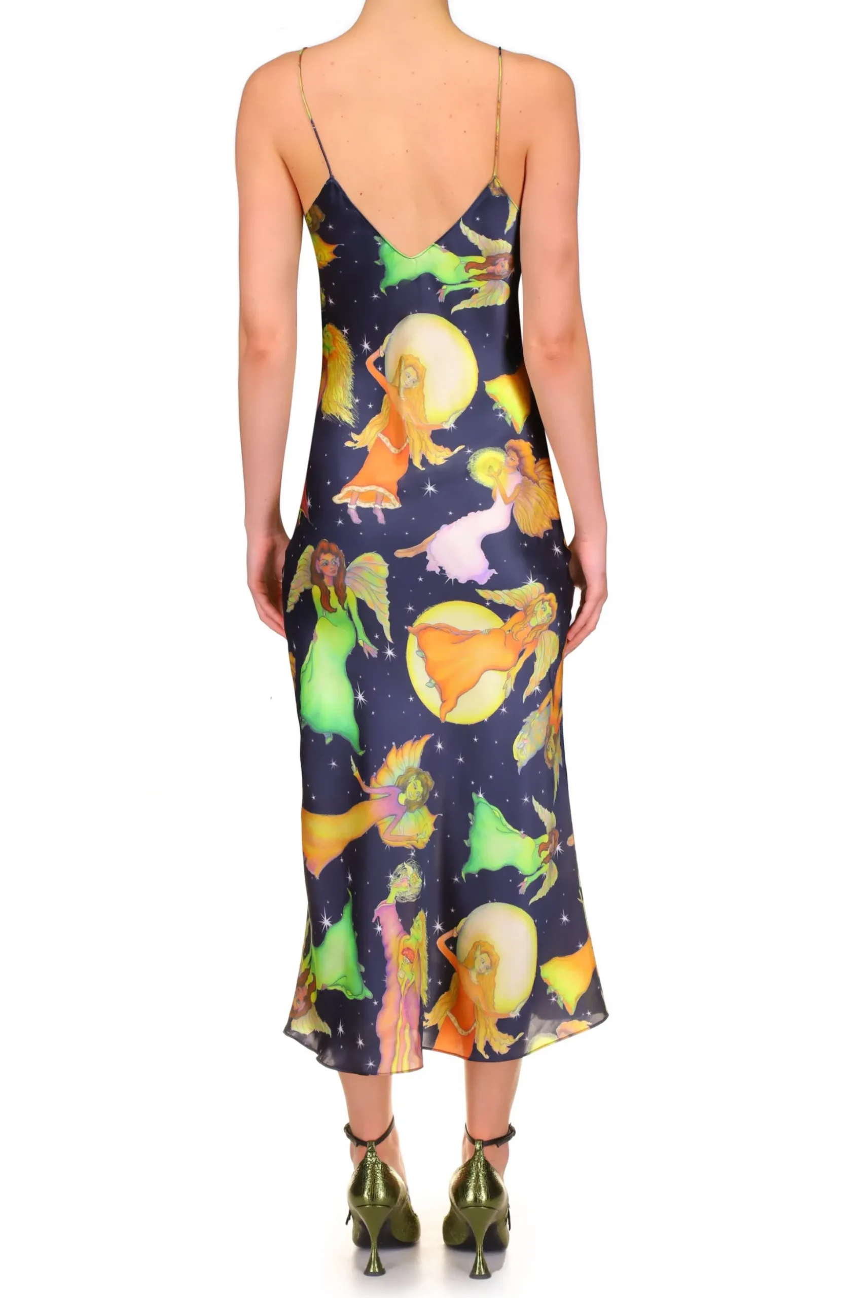 Starry Sky And Fairy Printed Silk Satin Bias Slip Dress