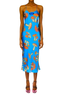 Teal Mushroom Printed Silk Satin Slip Dress