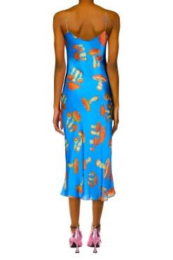 Teal Mushroom Printed Silk Satin Slip Dress