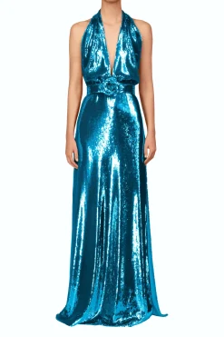 Teal Sequin Halter Gown With Sequin Flower Detail