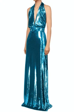 Teal Sequin Halter Gown With Sequin Flower Detail