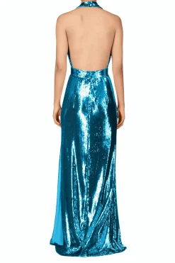 Teal Sequin Halter Gown With Sequin Flower Detail