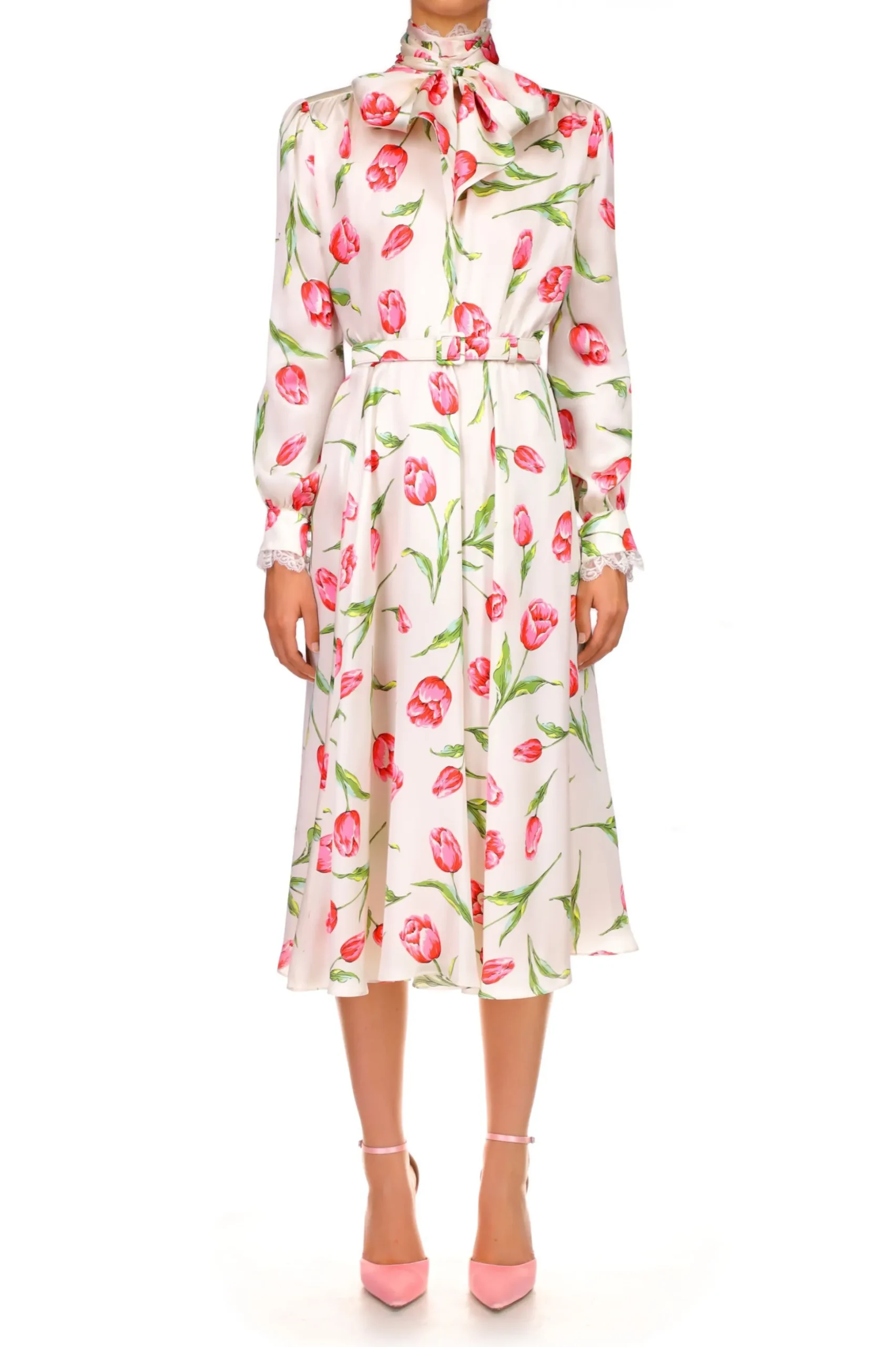 Tulip Printed Silk Dress With Sash Tie Neck