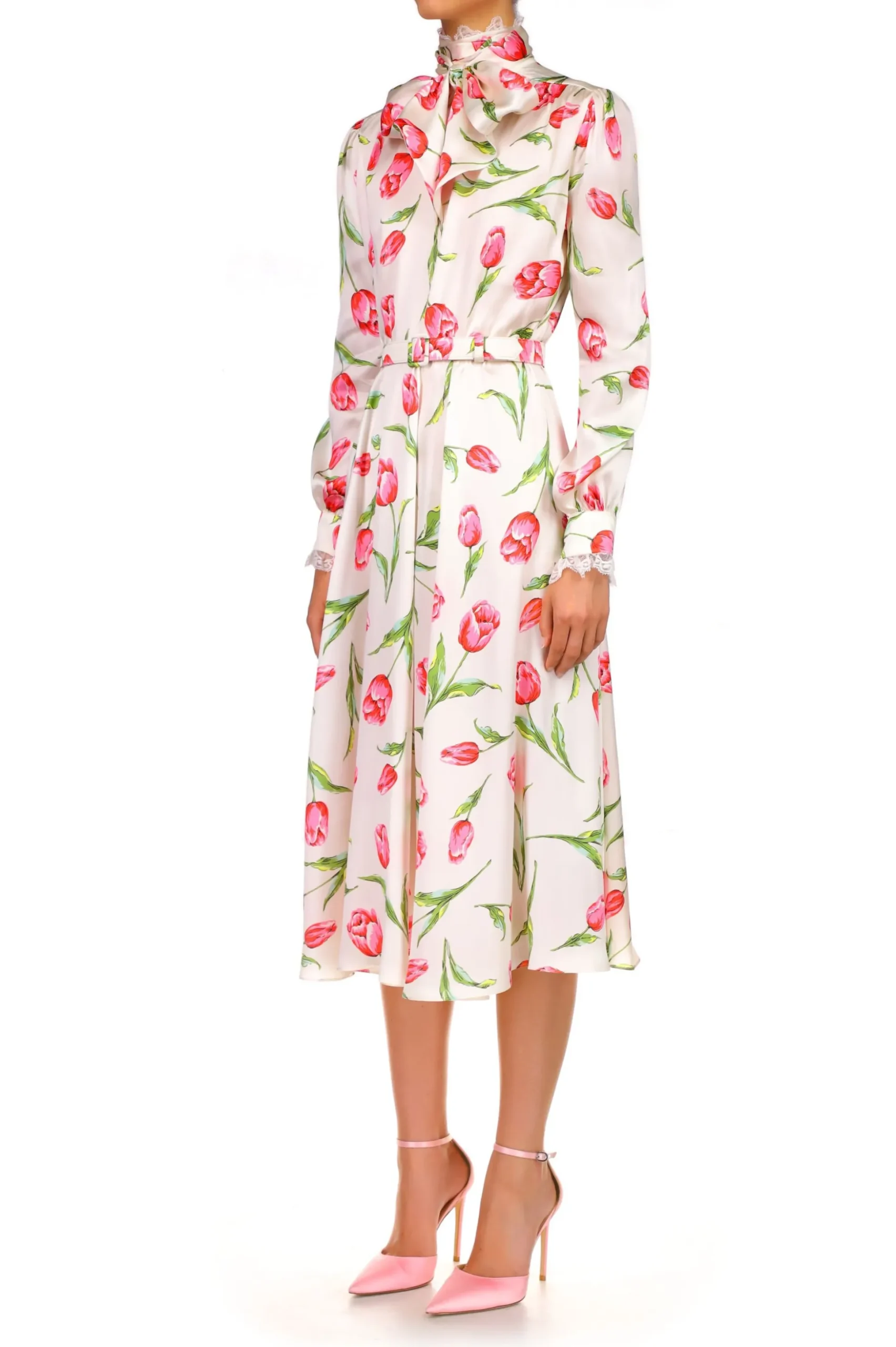 Tulip Printed Silk Dress With Sash Tie Neck