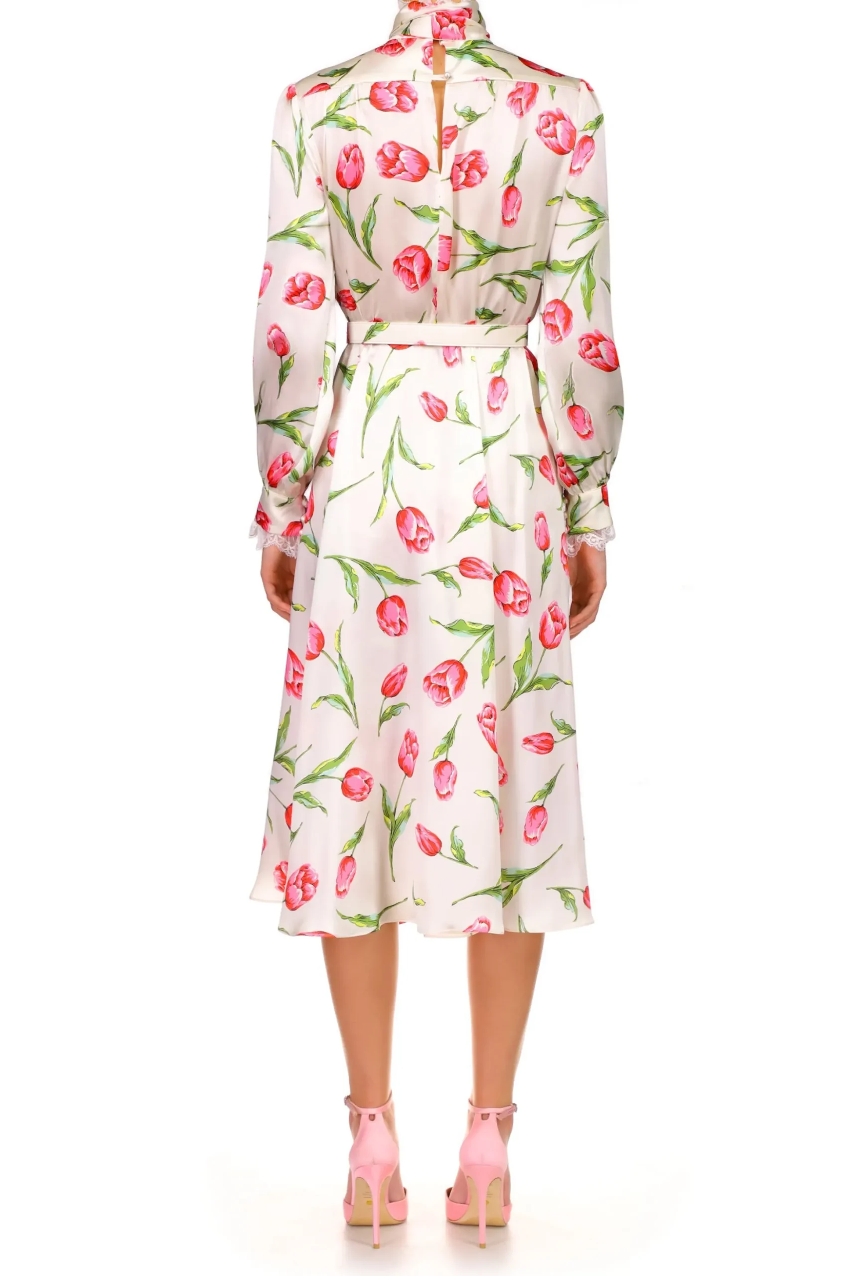 Tulip Printed Silk Dress With Sash Tie Neck