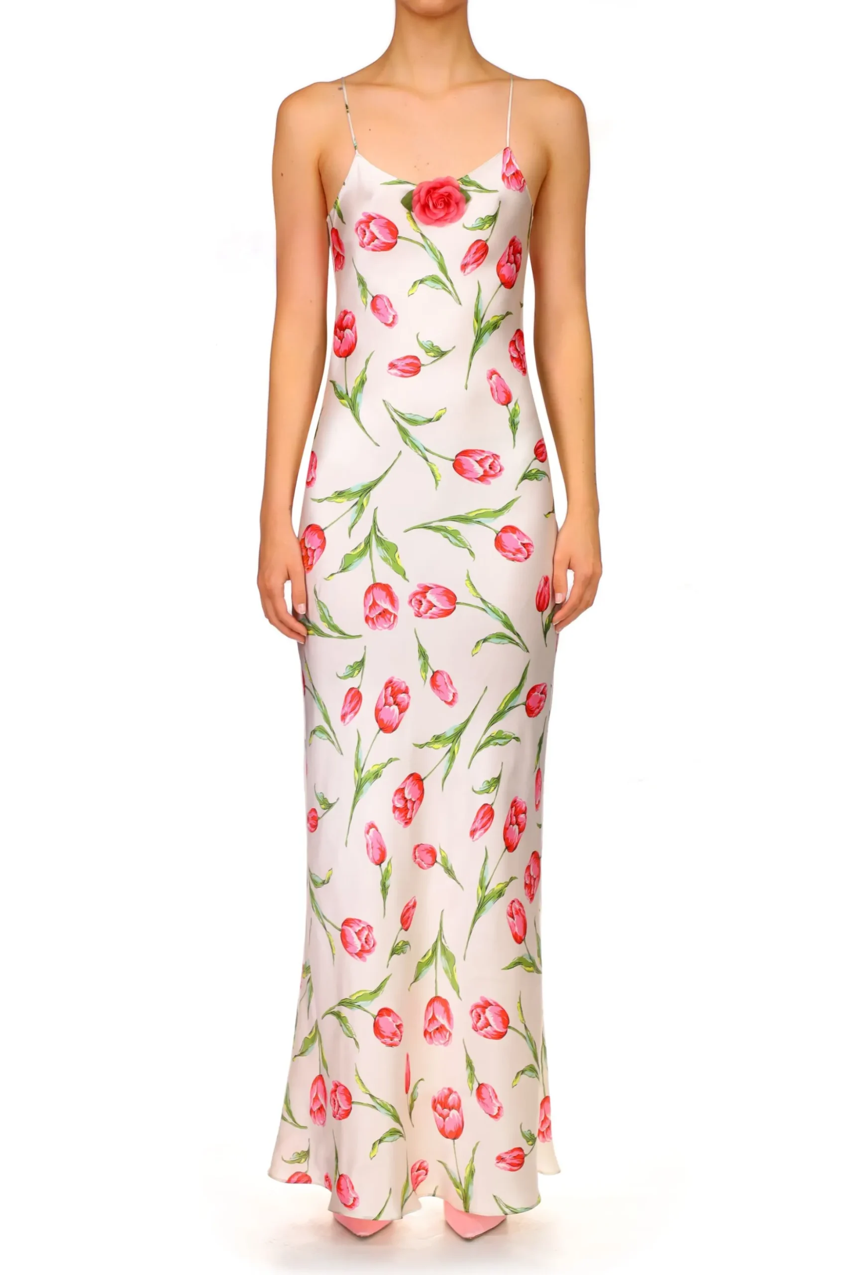 Tulip Printed Silk Satin Bias Slip Dress With Silk Flower