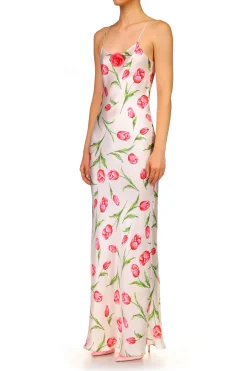 Tulip Printed Silk Satin Bias Slip Dress With Silk Flower