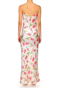 Tulip Printed Silk Satin Bias Slip Dress With Silk Flower