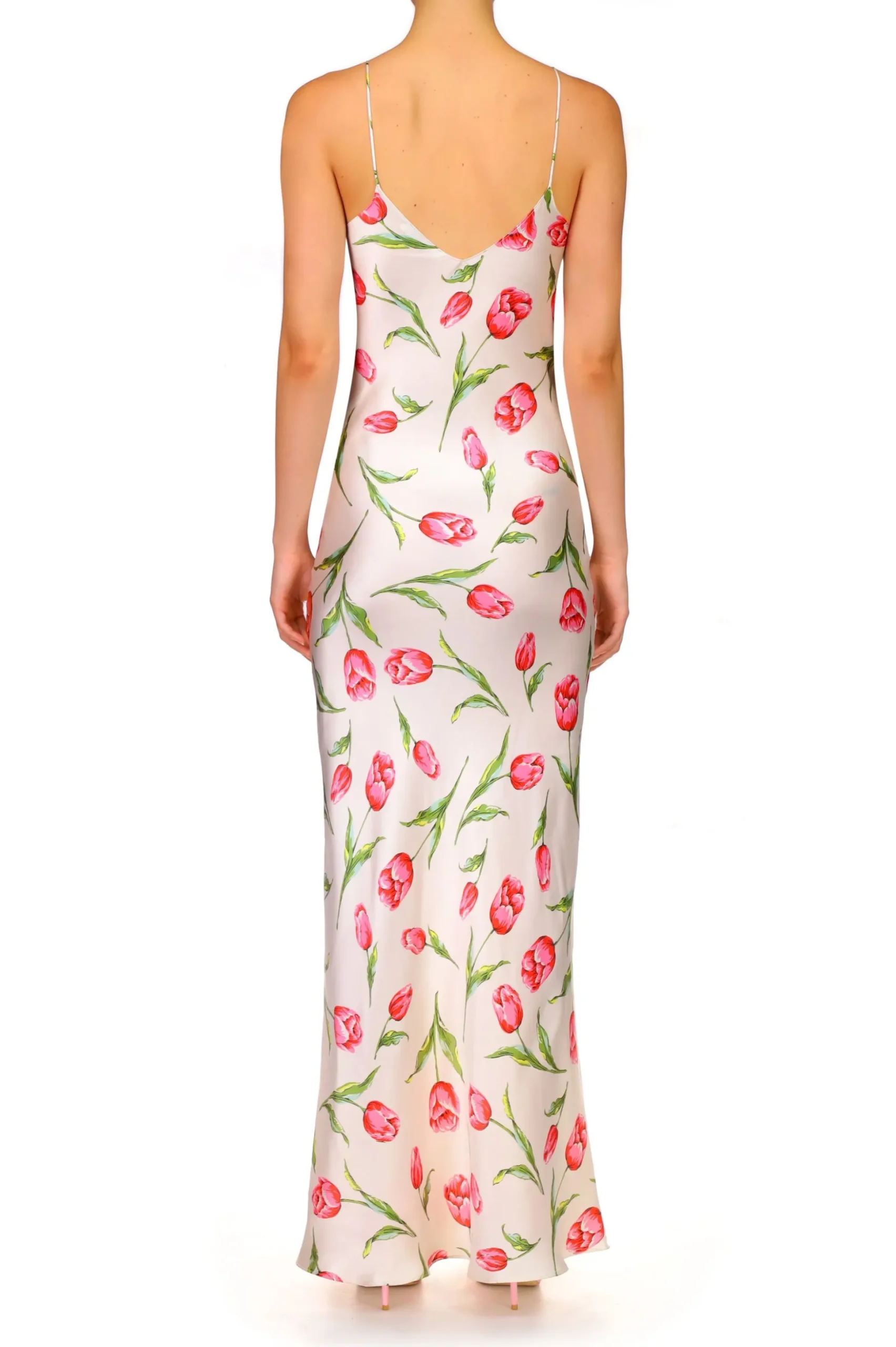 Tulip Printed Silk Satin Bias Slip Dress With Silk Flower