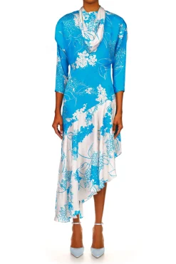 Turquoise Floral Printed Silk Jacquard Long Sleeve Dress With Scarf Detail