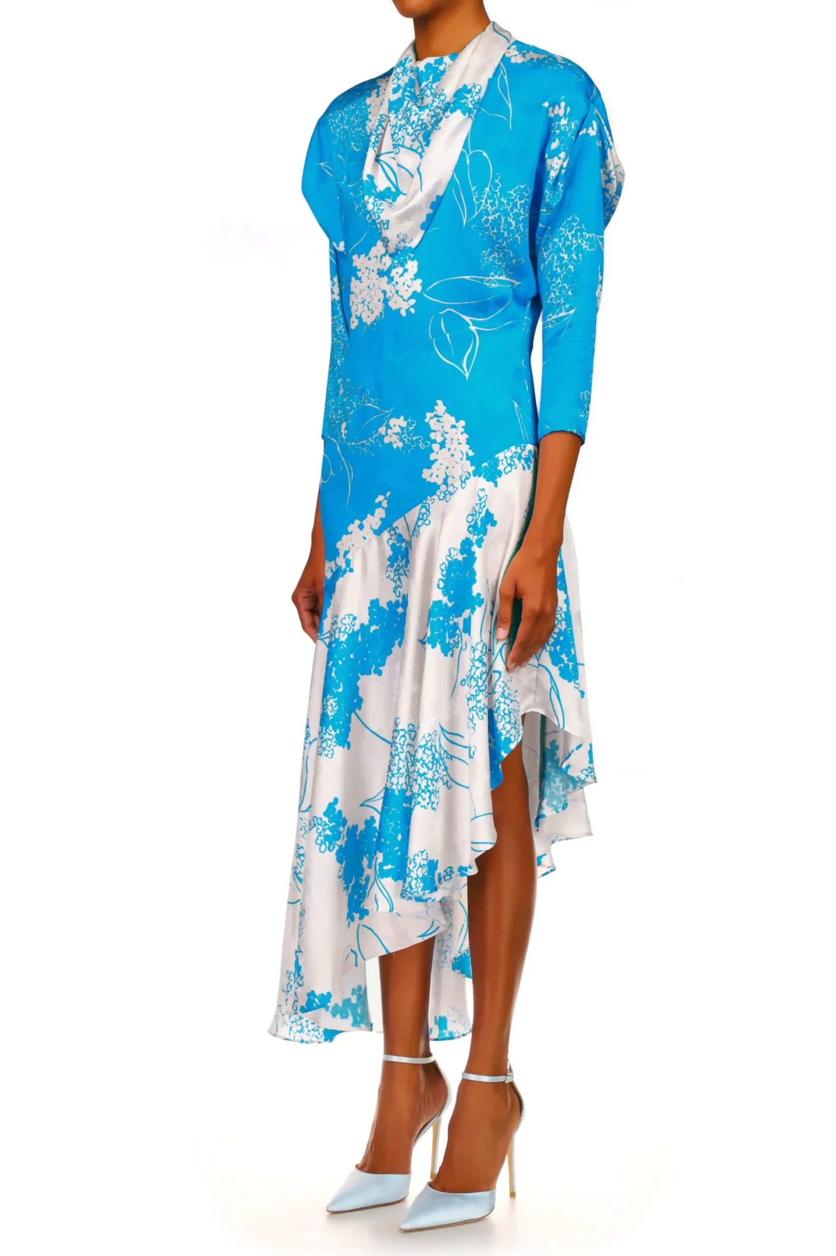 Turquoise Floral Printed Silk Jacquard Long Sleeve Dress With Scarf Detail
