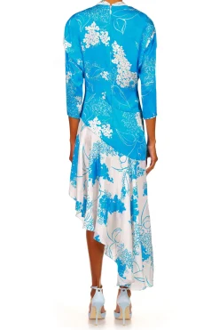 Turquoise Floral Printed Silk Jacquard Long Sleeve Dress With Scarf Detail