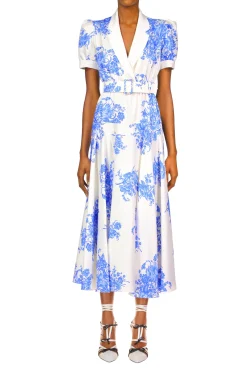 White And Blue Floral Printed Silk Twill Collared Dress With Belt
