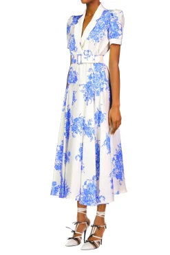 White And Blue Floral Printed Silk Twill Collared Dress With Belt