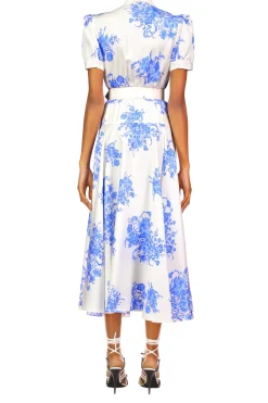 White And Blue Floral Printed Silk Twill Collared Dress With Belt