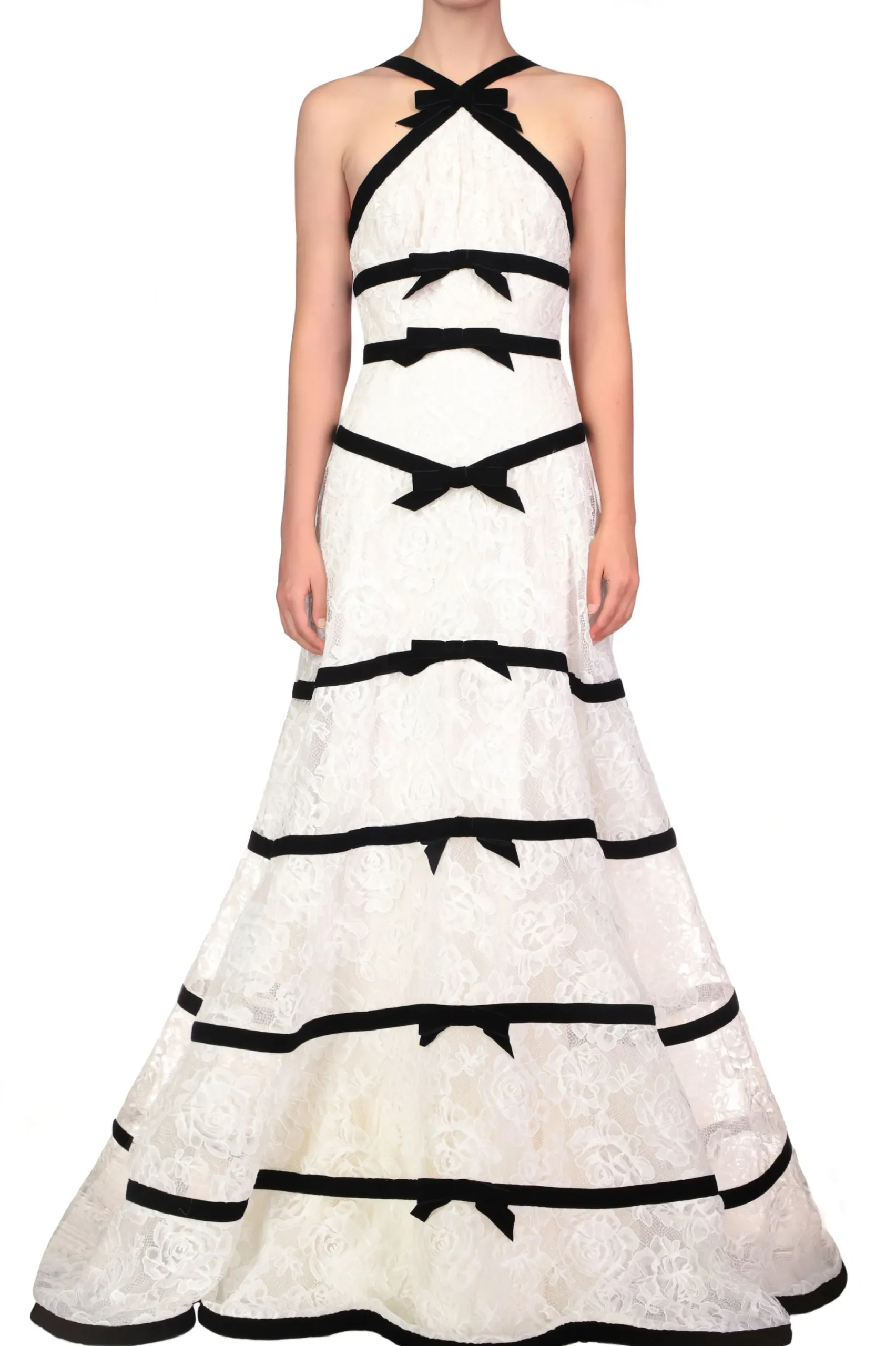 White Chorded Lace Halter Gown With Velvet Ribbon Detail