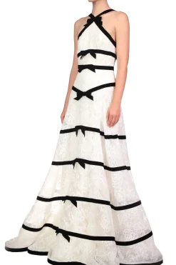 White Chorded Lace Halter Gown With Velvet Ribbon Detail