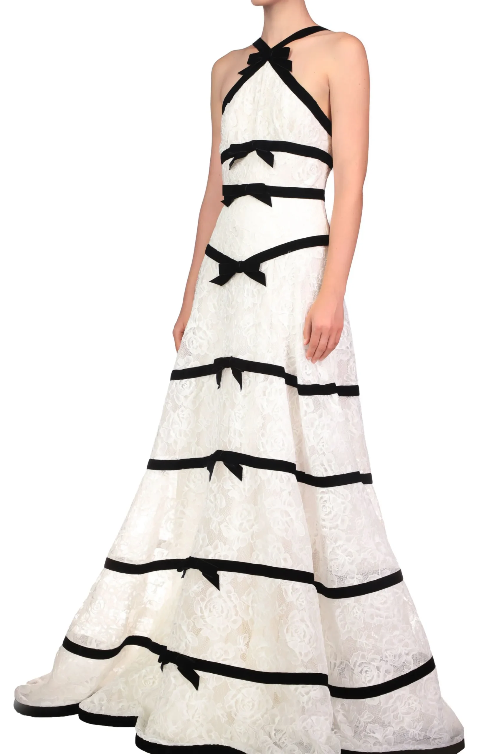 White Chorded Lace Halter Gown With Velvet Ribbon Detail