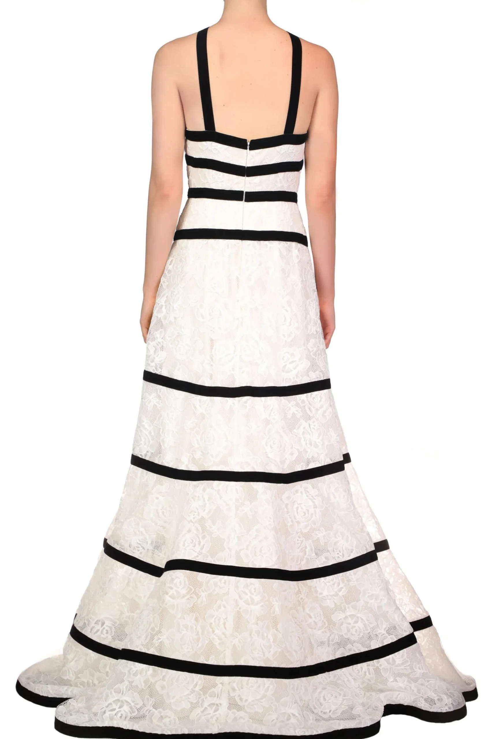 White Chorded Lace Halter Gown With Velvet Ribbon Detail