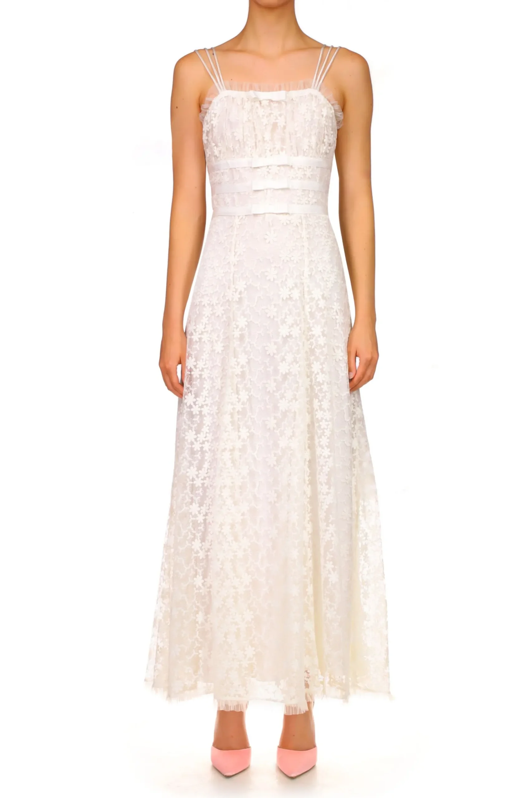 White Daisy Lace Dress With Tulle Ruffle And Ribbon Details
