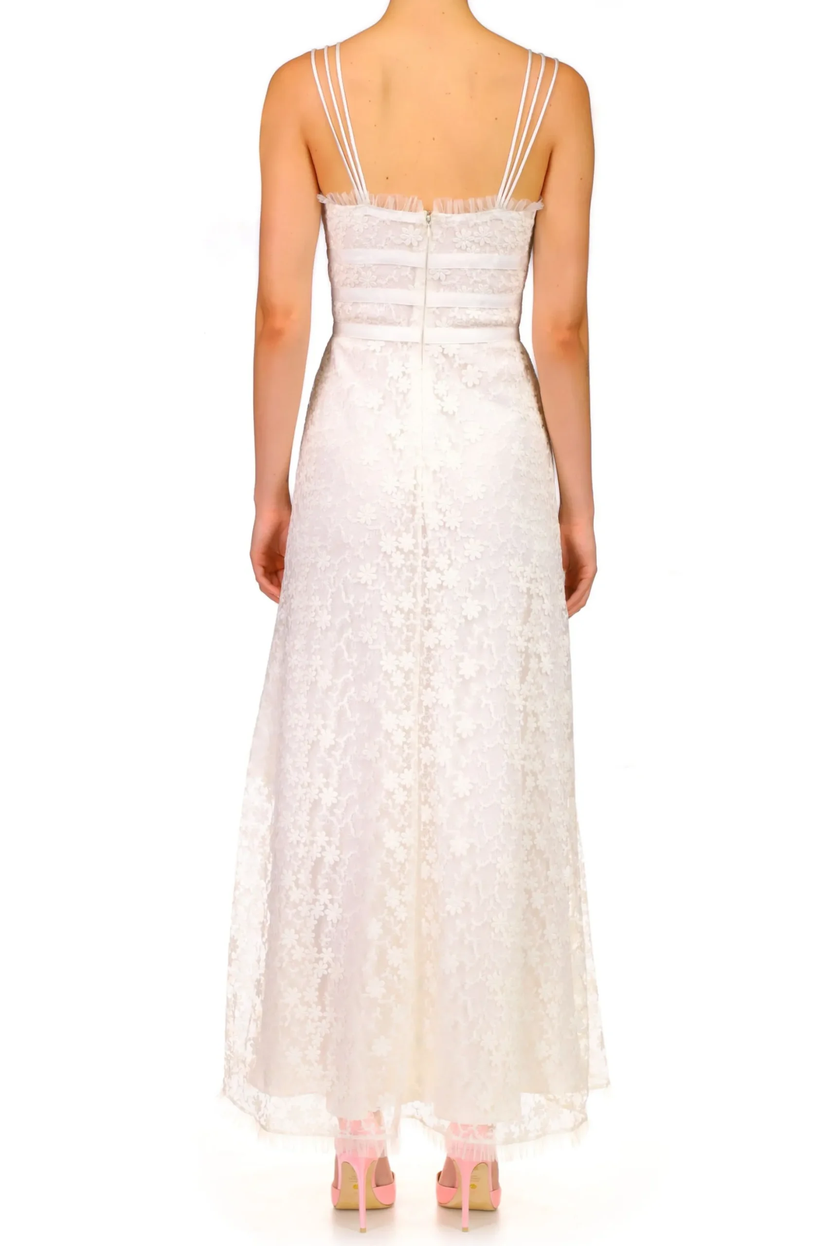 White Daisy Lace Dress With Tulle Ruffle And Ribbon Details