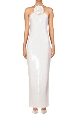 White Sequin Halter Gown With Flower Detail