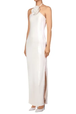 White Sequin Halter Gown With Flower Detail